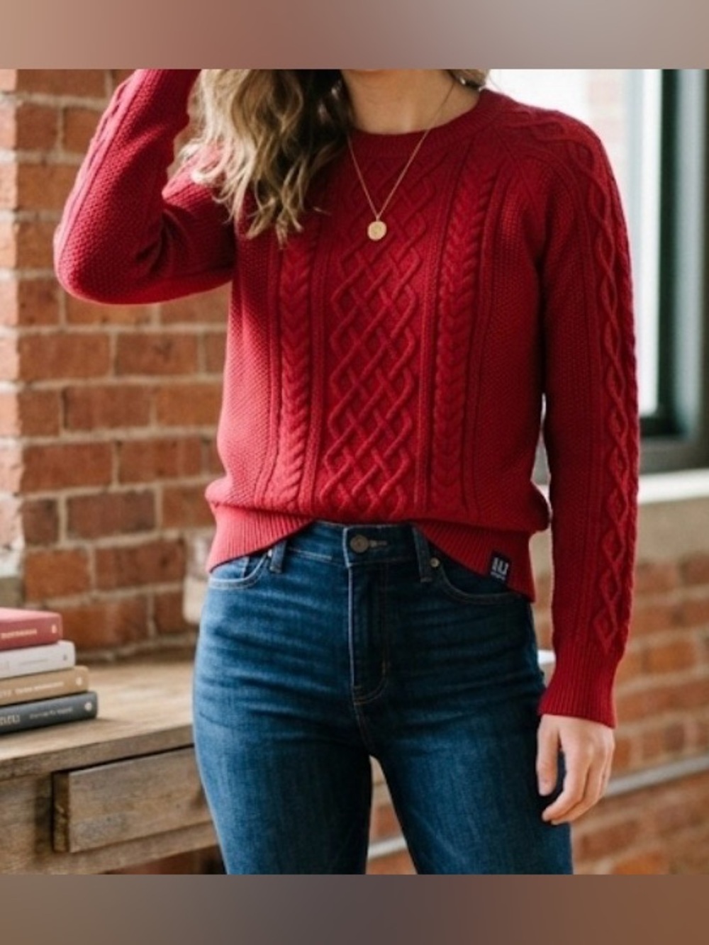 GAP Cable Knit Sweater Crewneck Organic Cotton Red Womens S